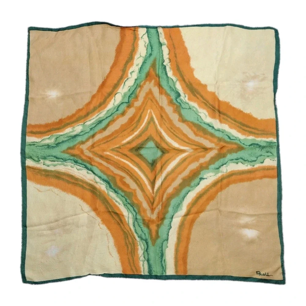 VTG Paoli Silk Scarf Abstract Landscape Waves Teal Ochre Orange Earthy